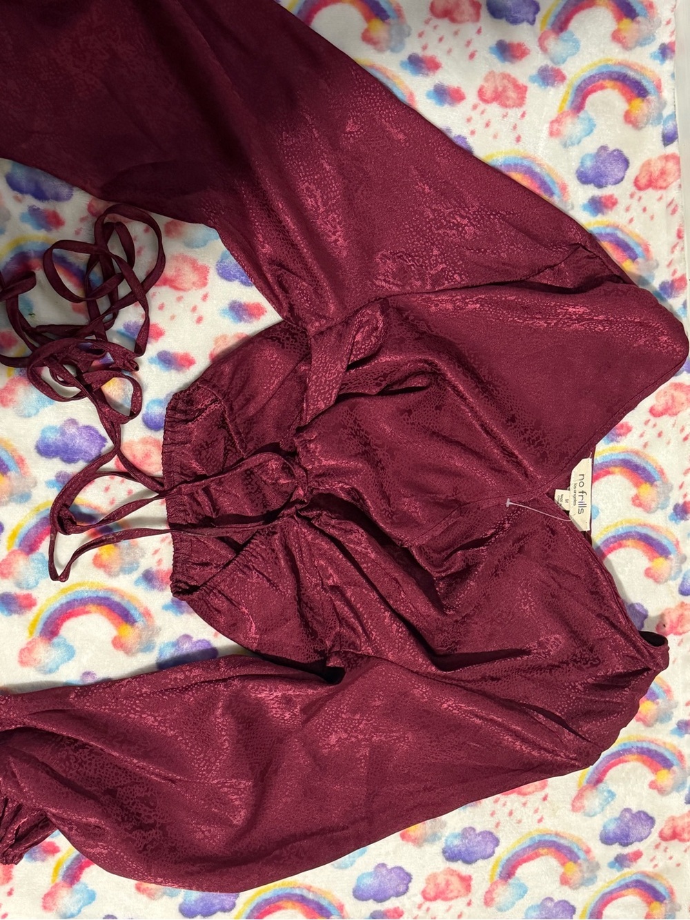 Maroon Crop Tie-Front Long Sleeve Top